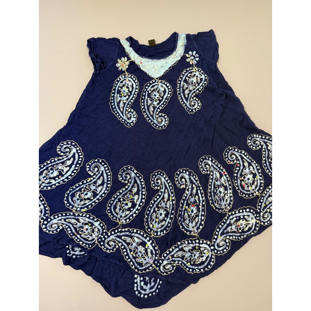 Riviera Sun Navy Blue Paisley Sequin Handkerchief Hem Boho Mini Dress Womens M
